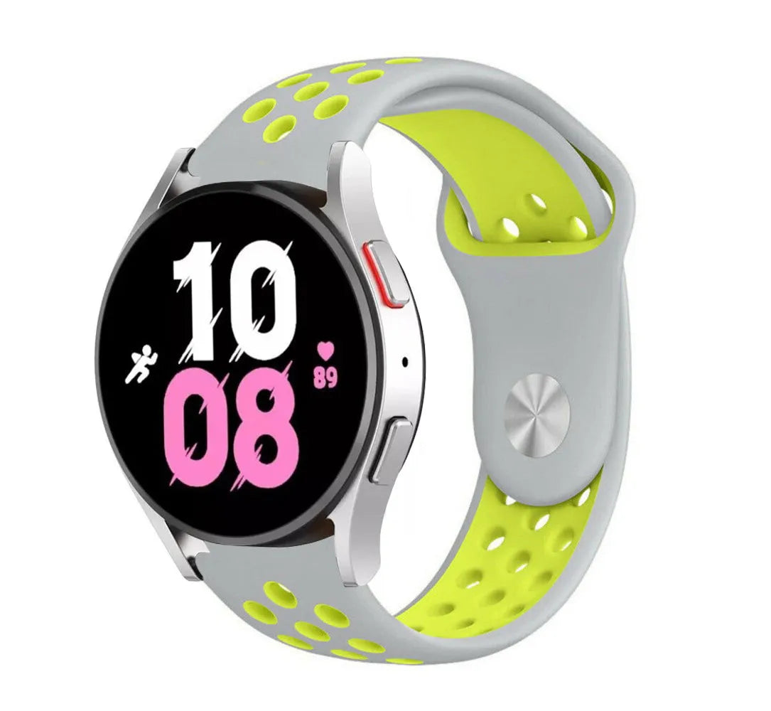 Silicone Sport Strap, grey/yellow, on a watch, 3/4 front view