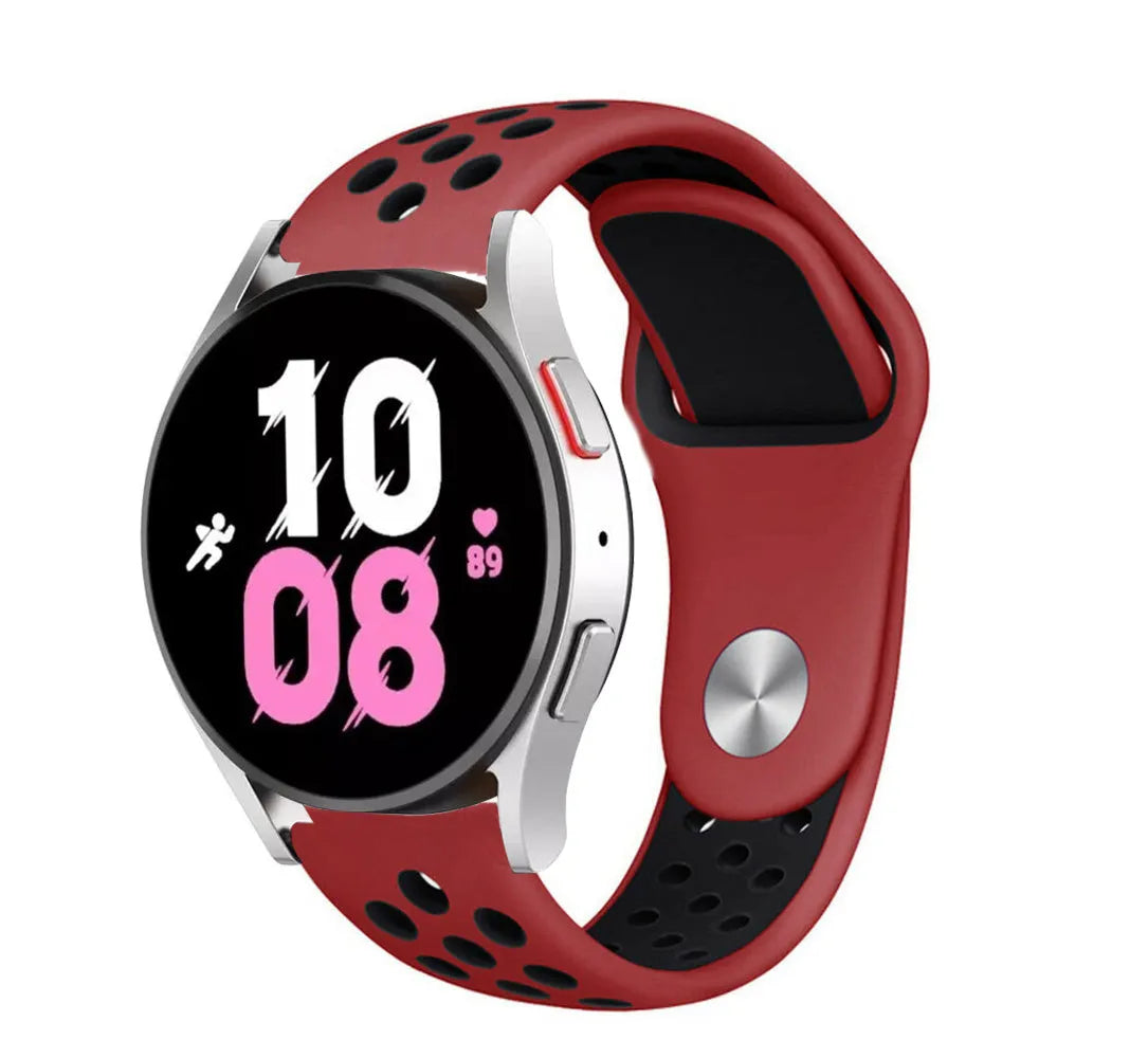 Silicone Sport Strap, red/black, on a watch, 3/4 front view