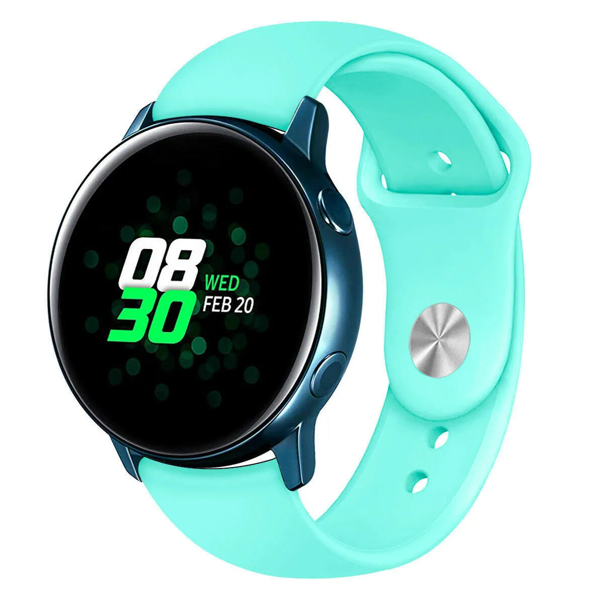 Silicone Sport Strap, aqua, on a watch, 3/4 front view