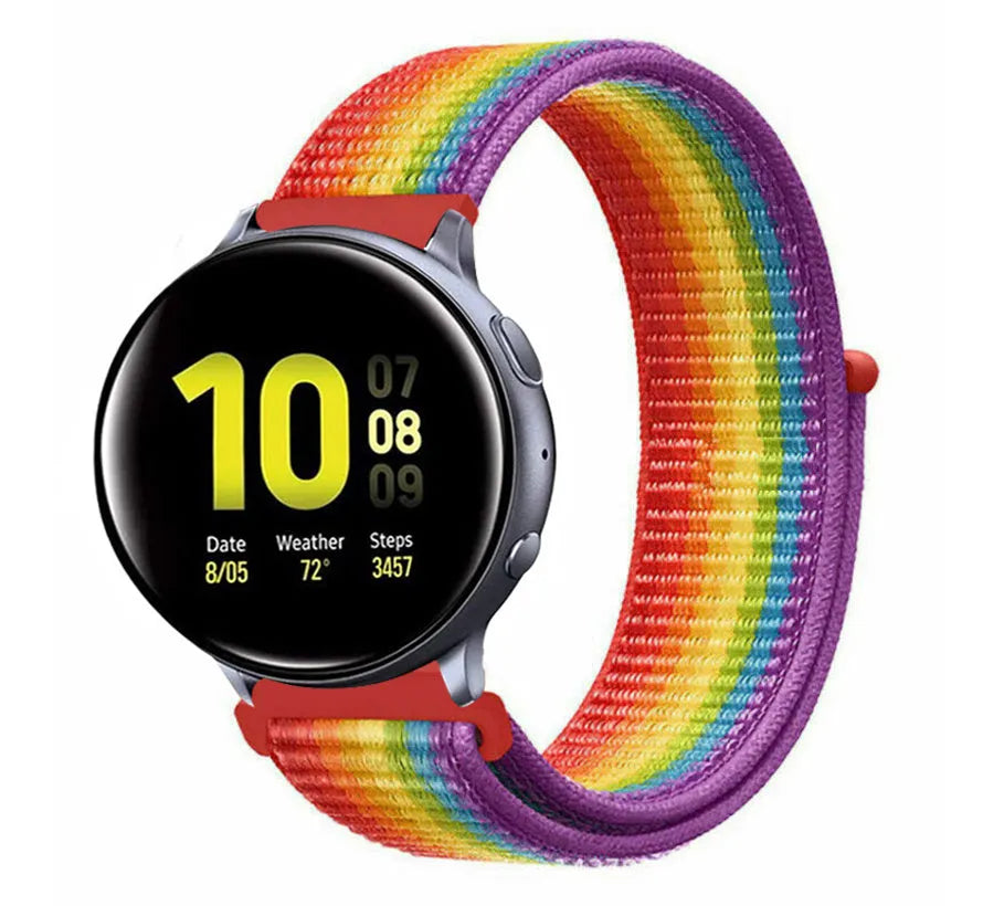 Nylon Strap, rainbow, on a watch, 3/4 front view