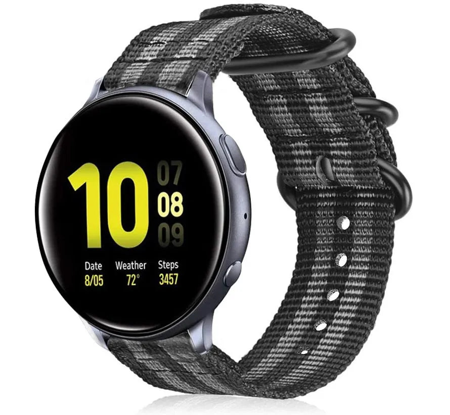 Nylon Buckle Strap, black/grey, on a watch, 3/4 front view