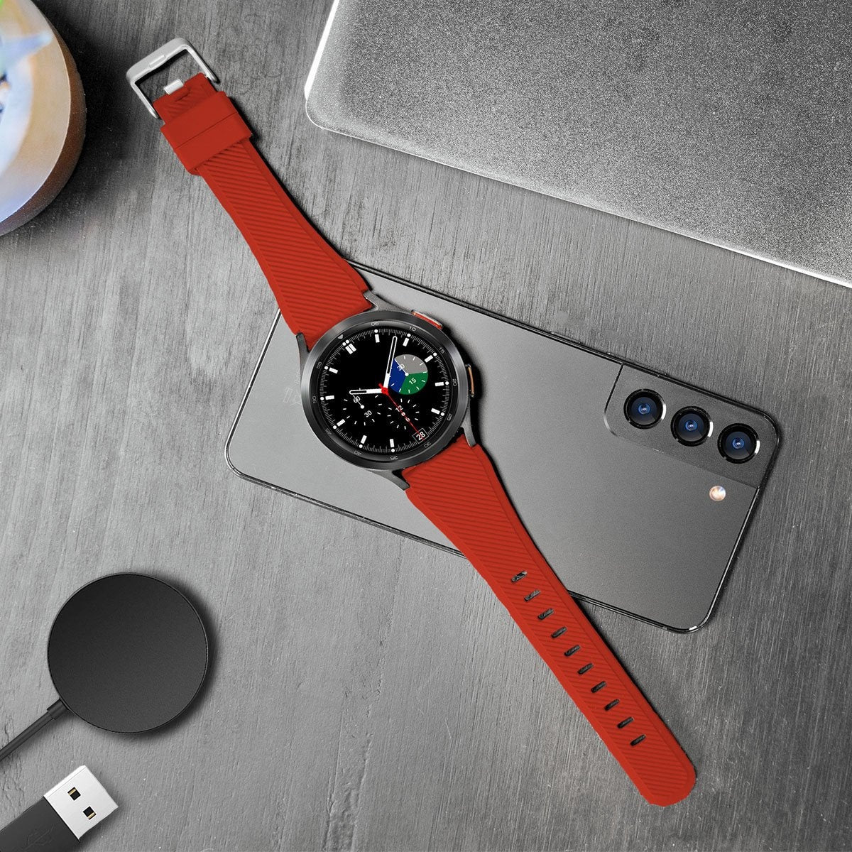 Twill Silicone Strap, red, on a watch, 3/4 front view