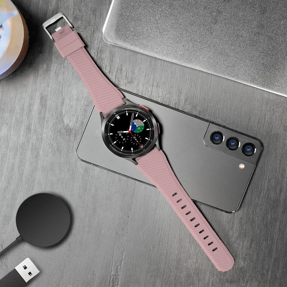 Twill Silicone Strap, pink, on a watch, 3/4 front view
