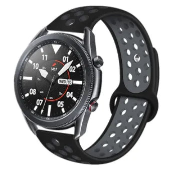 Silicone Sport Strap, black/grey, on a watch, 3/4 front view