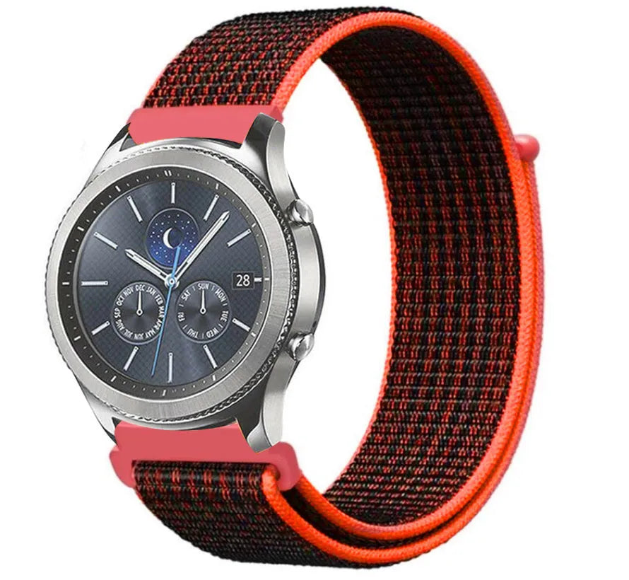 Nylon Strap, black/orange, on a watch, 3/4 front view