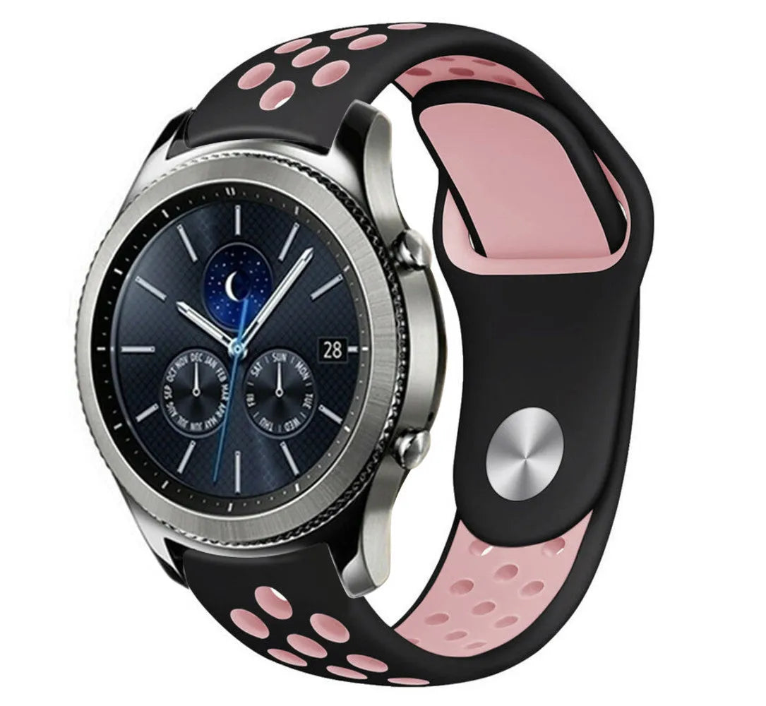 Silicone Sport Strap, black/pink, on a watch, 3/4 front view