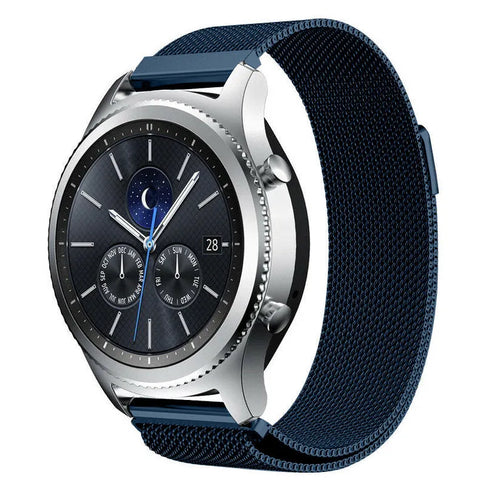Milanese Strap, blue, on a watch, 3/4 front view