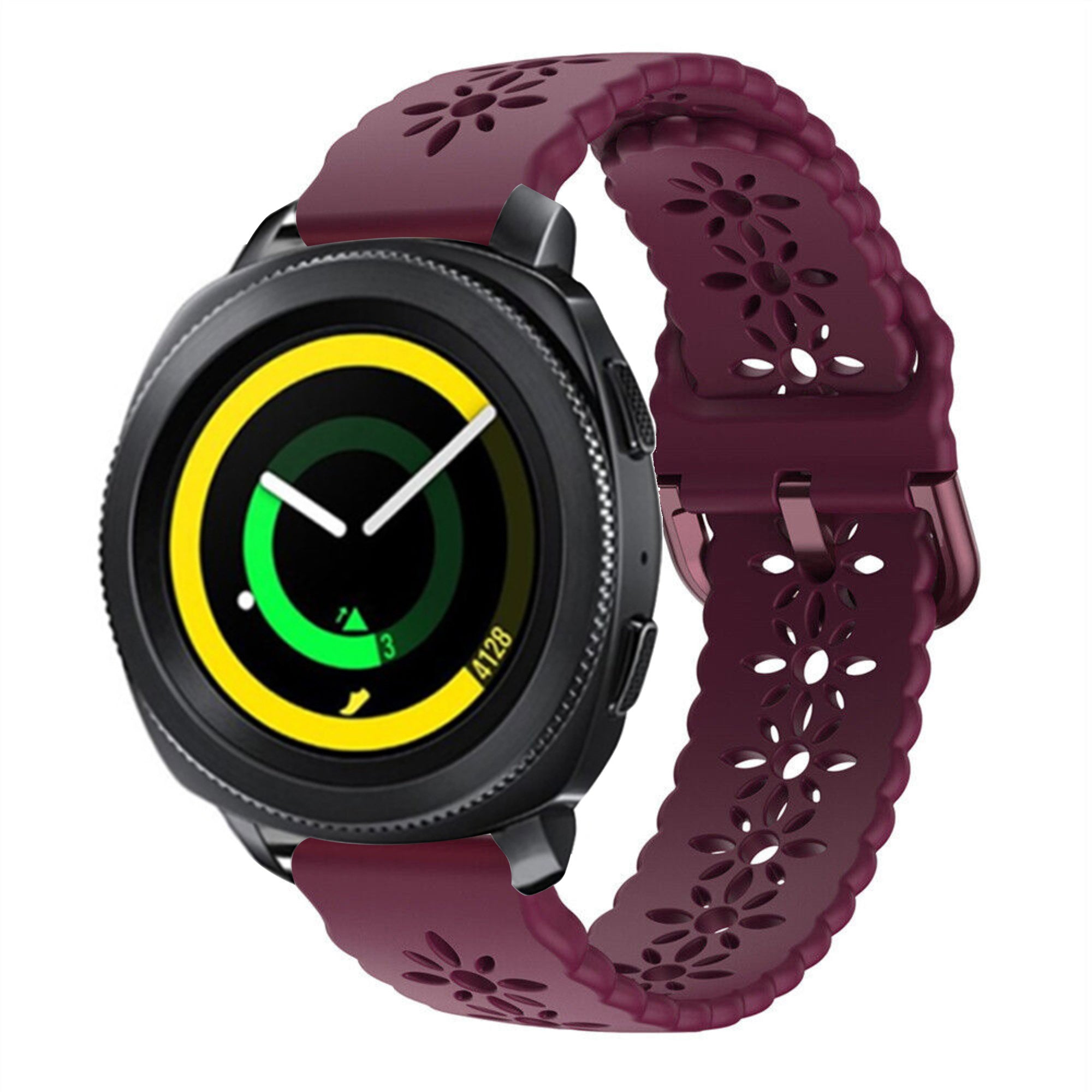 Patterned Silicone Strap, burgundy, on a watch, 3/4 front view