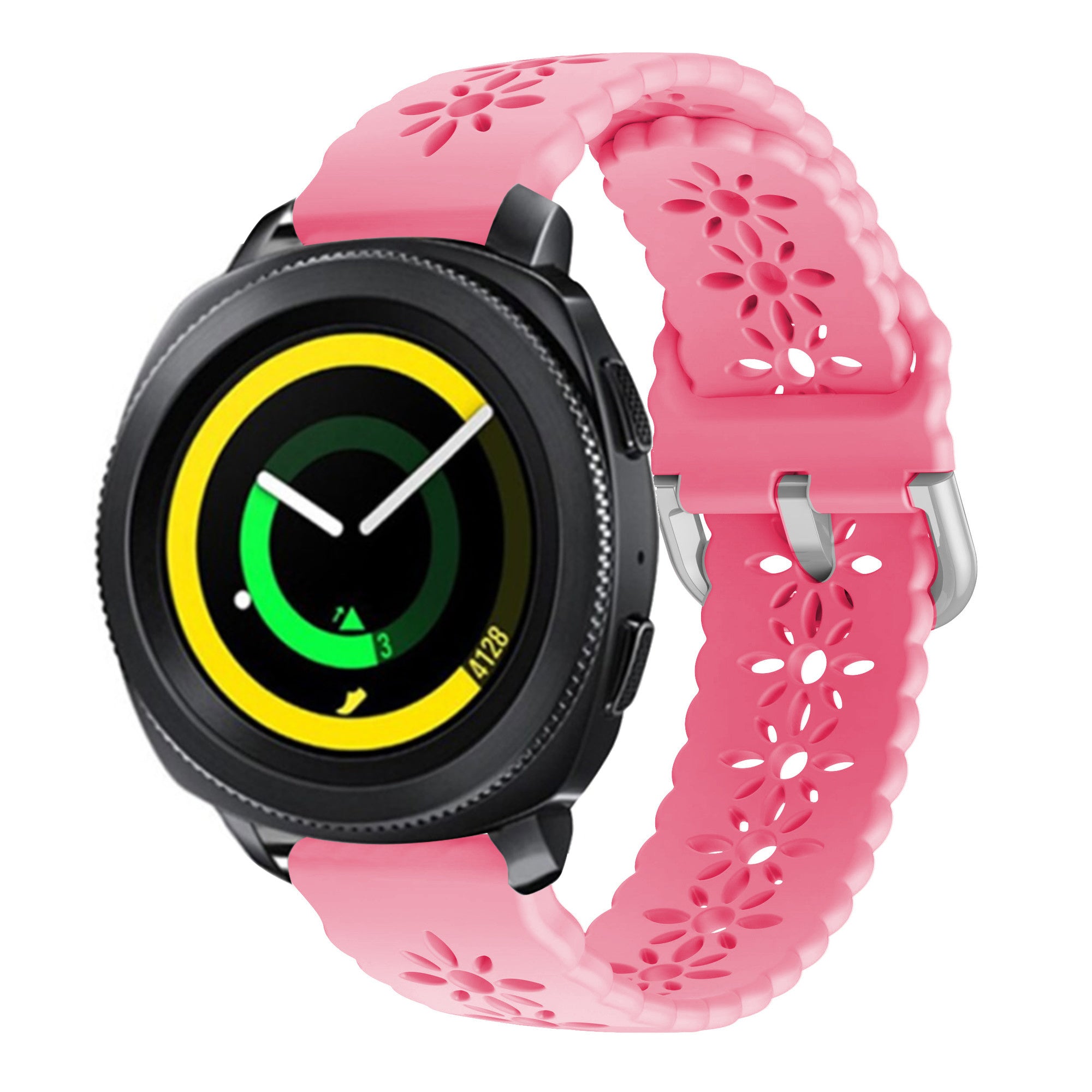 Patterned Silicone Strap, bright pink, on a watch, 3/4 front view