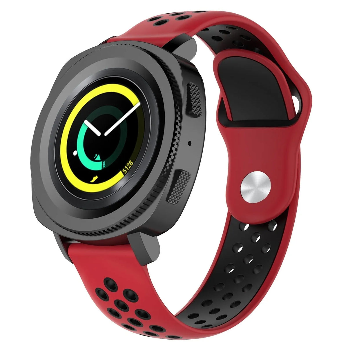 Silicone Sport Strap, red/black, on a watch, 3/4 front view