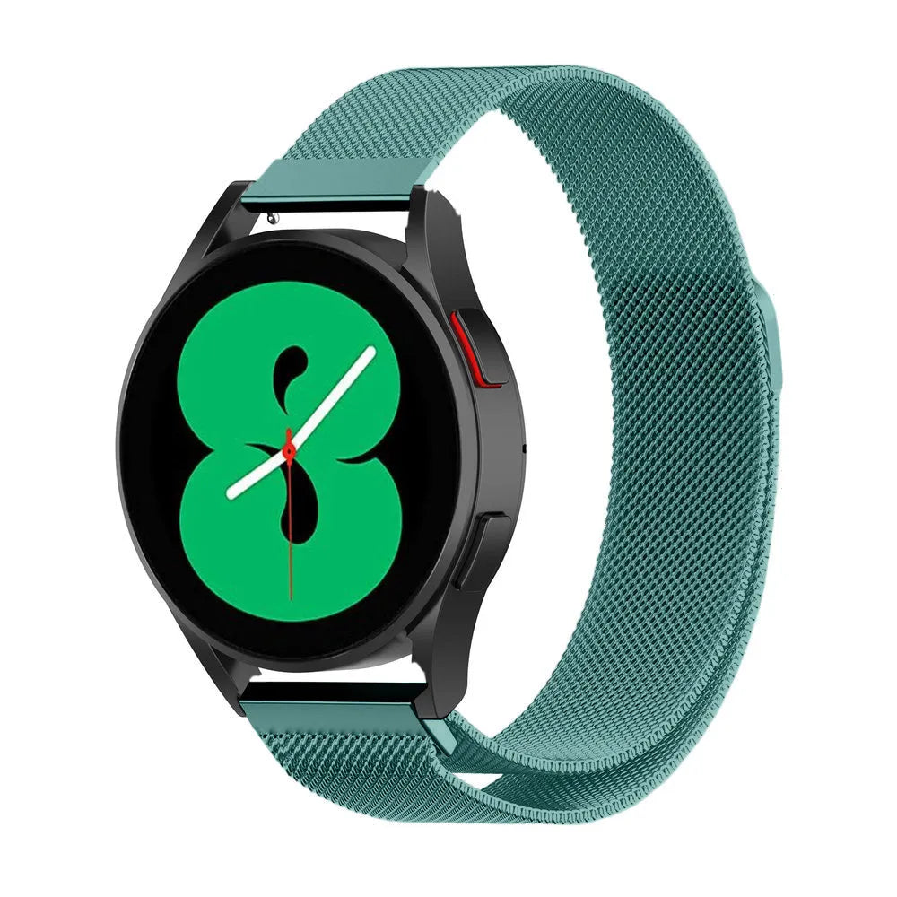 Milanese Strap, green, on a watch, 3/4 front view