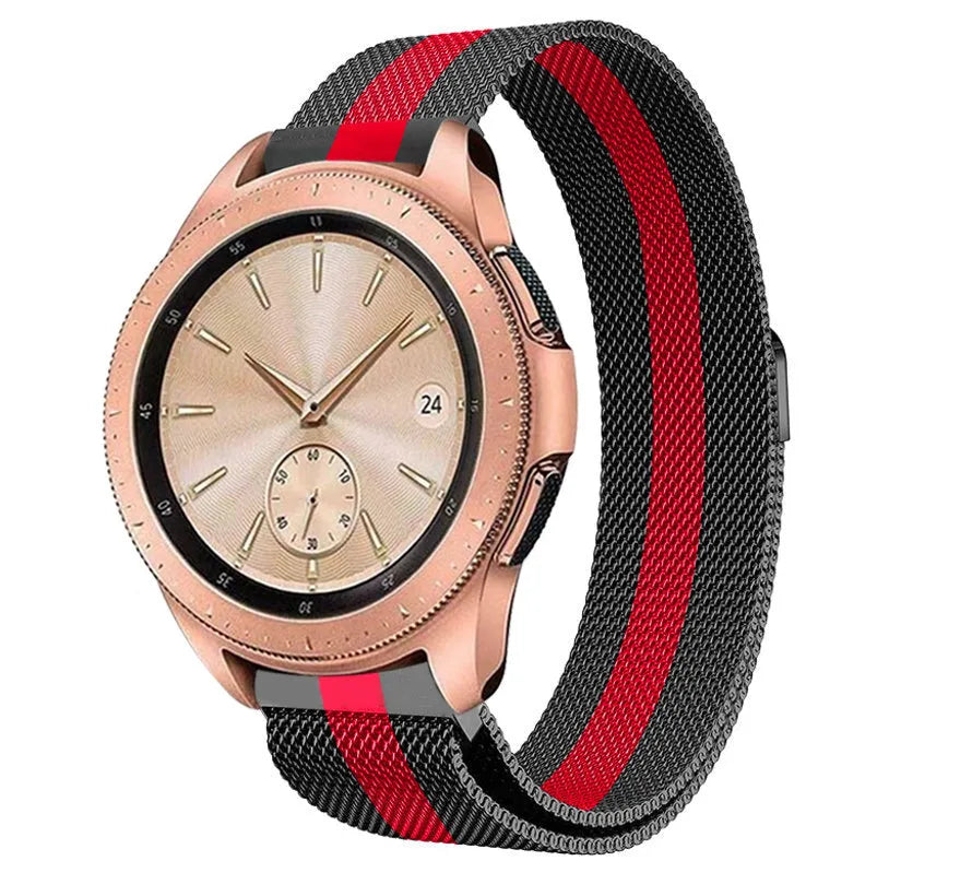 Milanese Strap, black/red, on a watch, 3/4 front view
