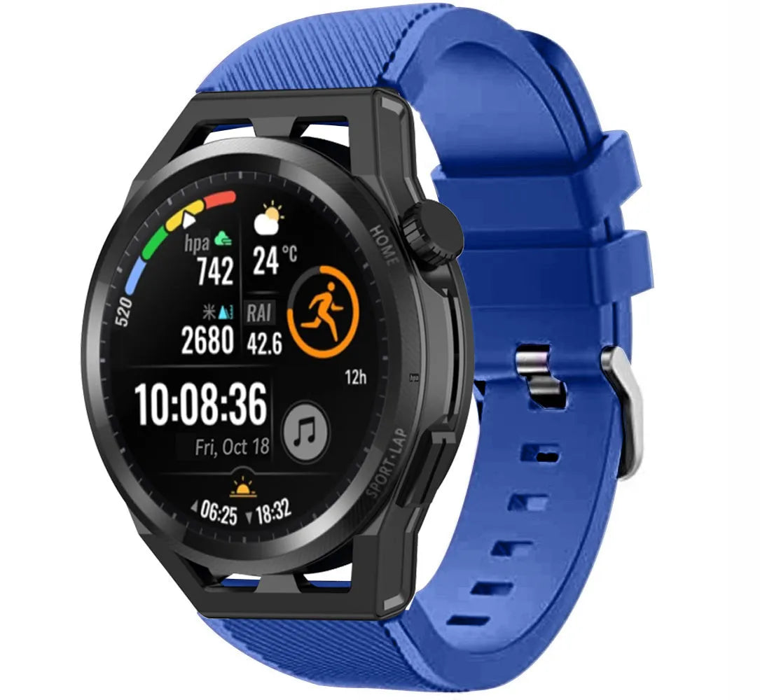 Twill Silicone Strap, blue, on a watch, 3/4 front view