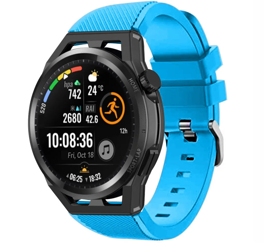 Twill Silicone Strap, light blue, on a watch, 3/4 front view