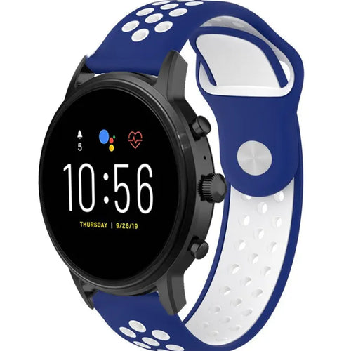Silicone Sport Strap, blue/white, on a watch, 3/4 front view