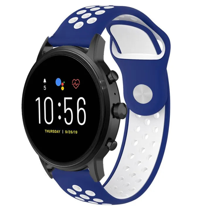 Silicone Sport Strap, blue/white, on a watch, 3/4 front view