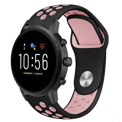 Silicone Sport Strap, black/pink, on a watch, 3/4 front view