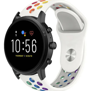 Silicone Sport Strap, white/colourful, on a watch, 3/4 front view
