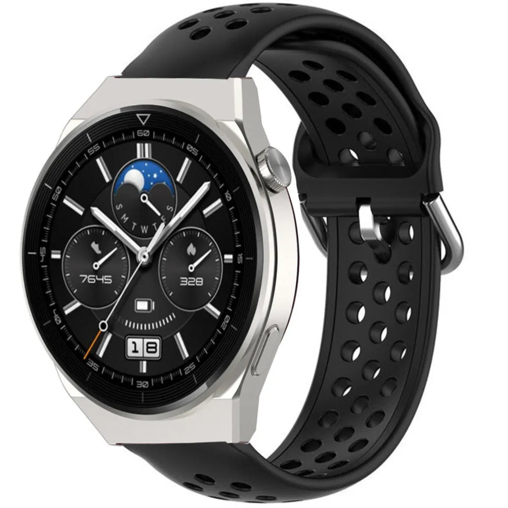 Breathable Silicone Strap, black, on a watch, 3/4 front view
