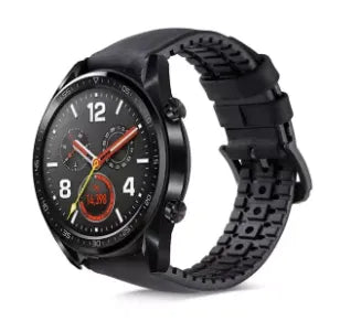 Leather Hybrid Strap, black, on a watch, 3/4 front view