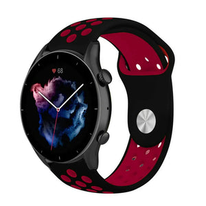 Silicone Sport Strap, black/red, on a watch, 3/4 front view