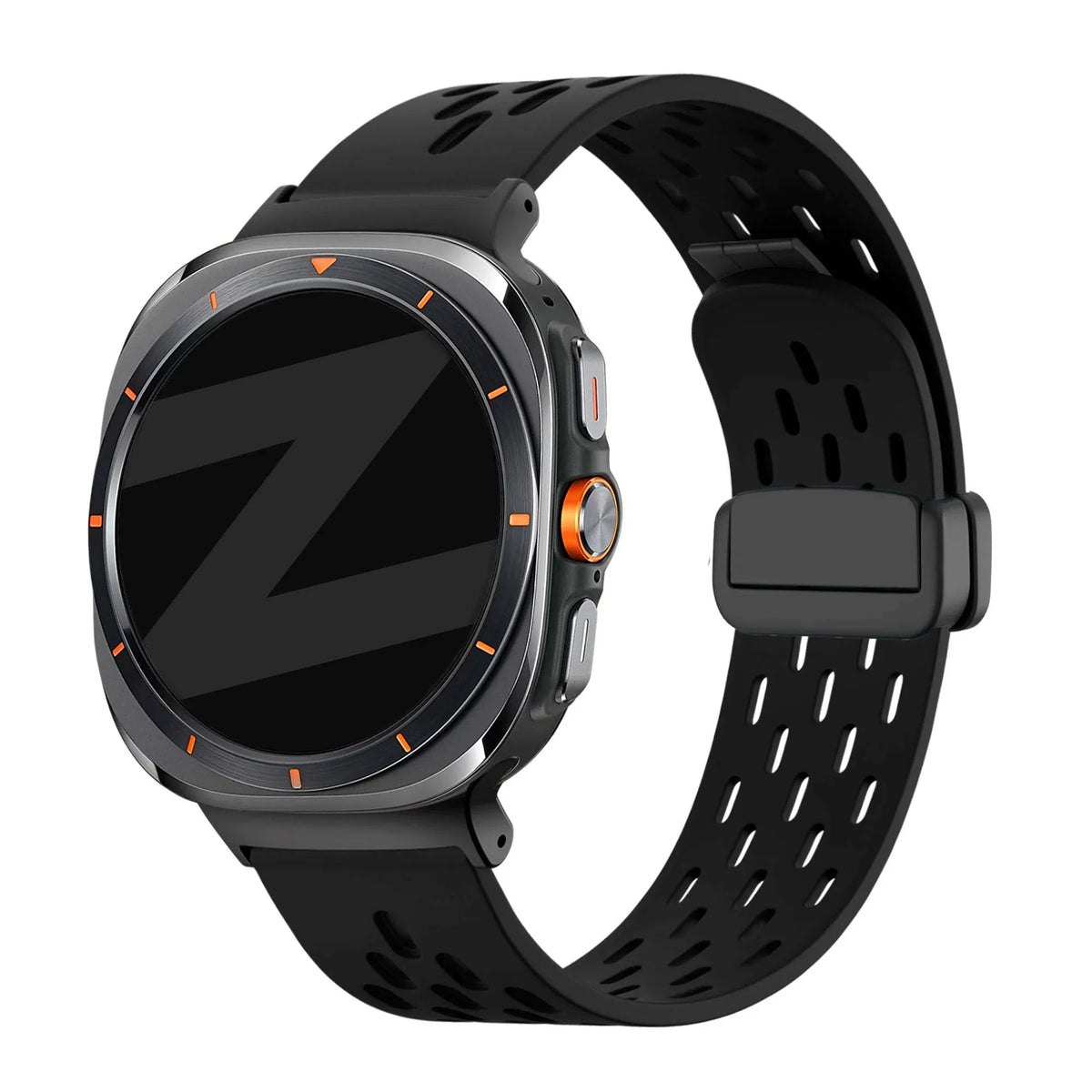 Silicone D-Buckle Sport Strap 'Air', black, on a watch, 3/4 front view