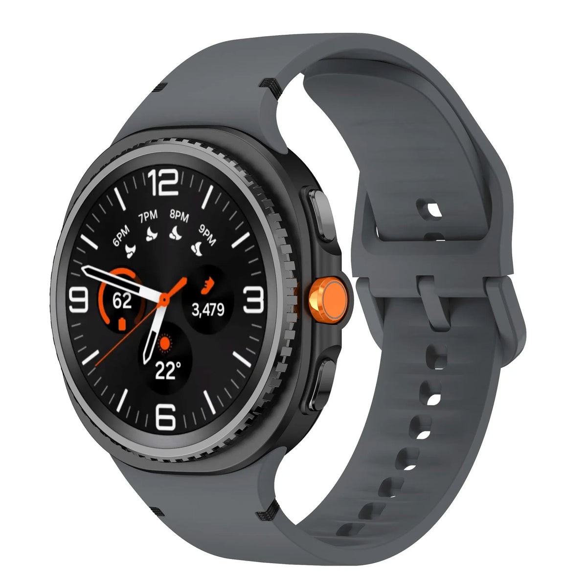 Silicone Strap, dark grey, on a watch, 3/4 front view