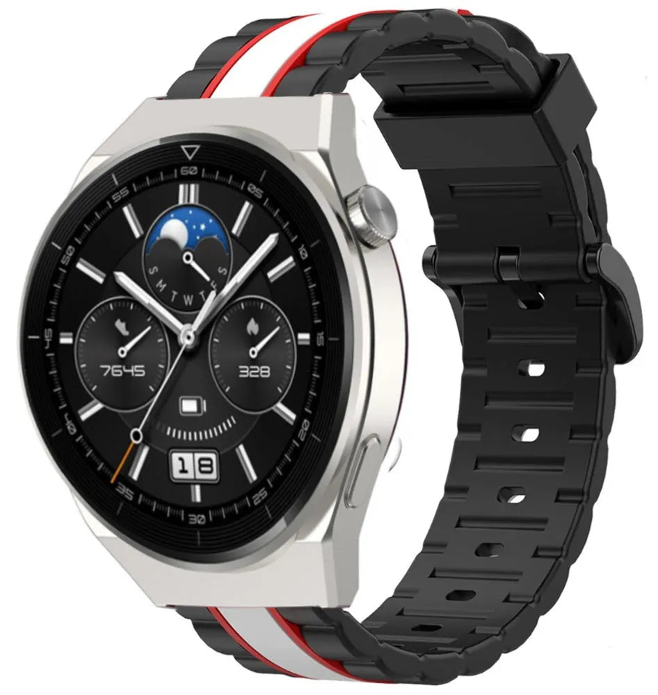 Silicone Special Edition Strap, black/white, on a watch, 3/4 front view