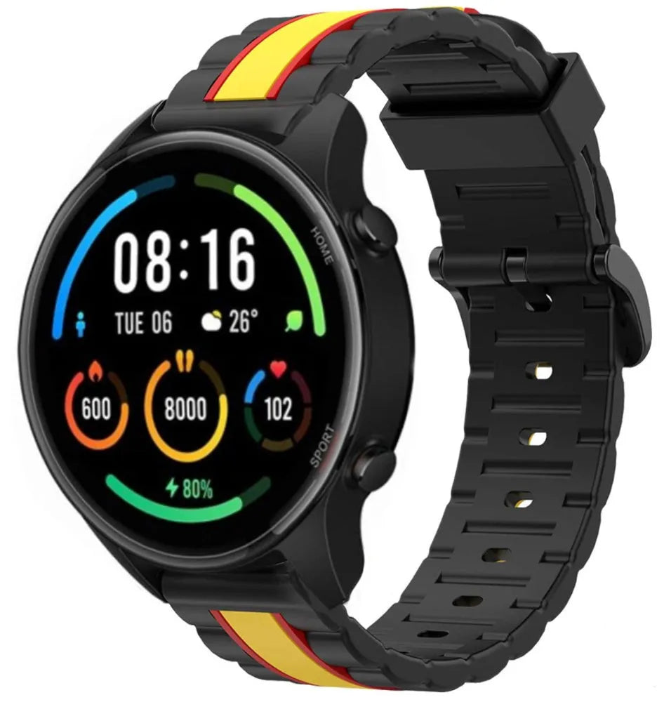 Silicone Special Edition Strap, black/yellow, on a watch, 3/4 front view