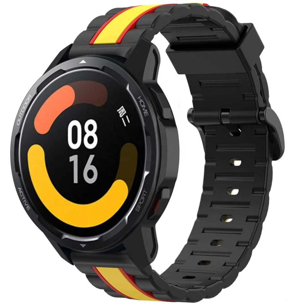 Silicone Special Edition Strap, black/yellow, on a watch, 3/4 front view
