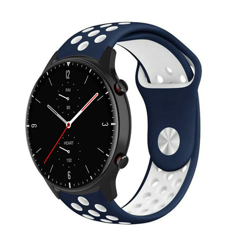 Silicone Sport Strap, blue/white, on a watch, 3/4 front view