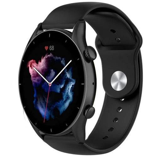 Silicone Sport Strap, black, on a watch, 3/4 front view