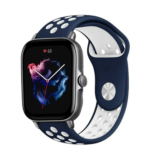 Silicone Sport Strap, blue/white, on a watch, 3/4 front view