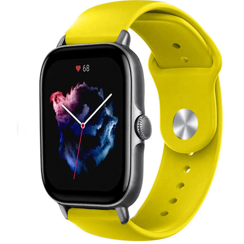 Silicone Sport Strap, yellow, on a watch, 3/4 front view