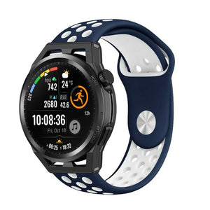 Silicone Sport Strap, blue/white, on a watch, 3/4 front view