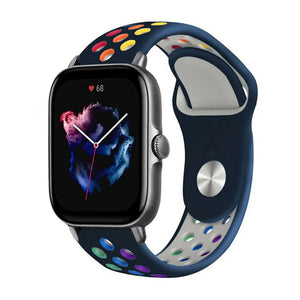 Silicone Sport Strap, dark blue/colourful, on a watch, 3/4 front view