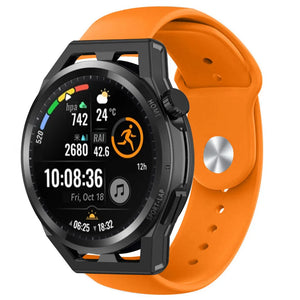 Silicone Sport Strap, orange, on a watch, 3/4 front view