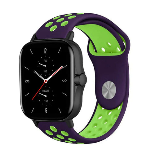 Silicone Sport Strap, purple/green, on a watch, 3/4 front view