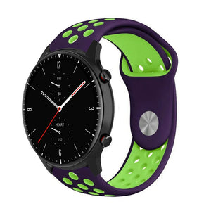Silicone Sport Strap, purple/green, on a watch, 3/4 front view