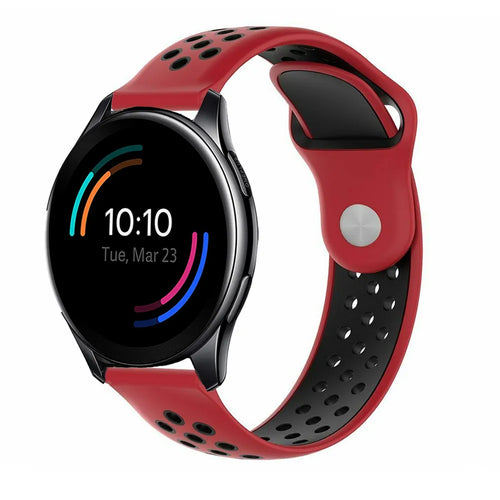 Silicone Sport Strap, red/black, on a watch, 3/4 front view