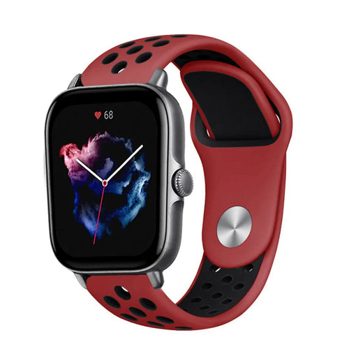 Silicone Sport Strap, red/black, on a watch, 3/4 front view