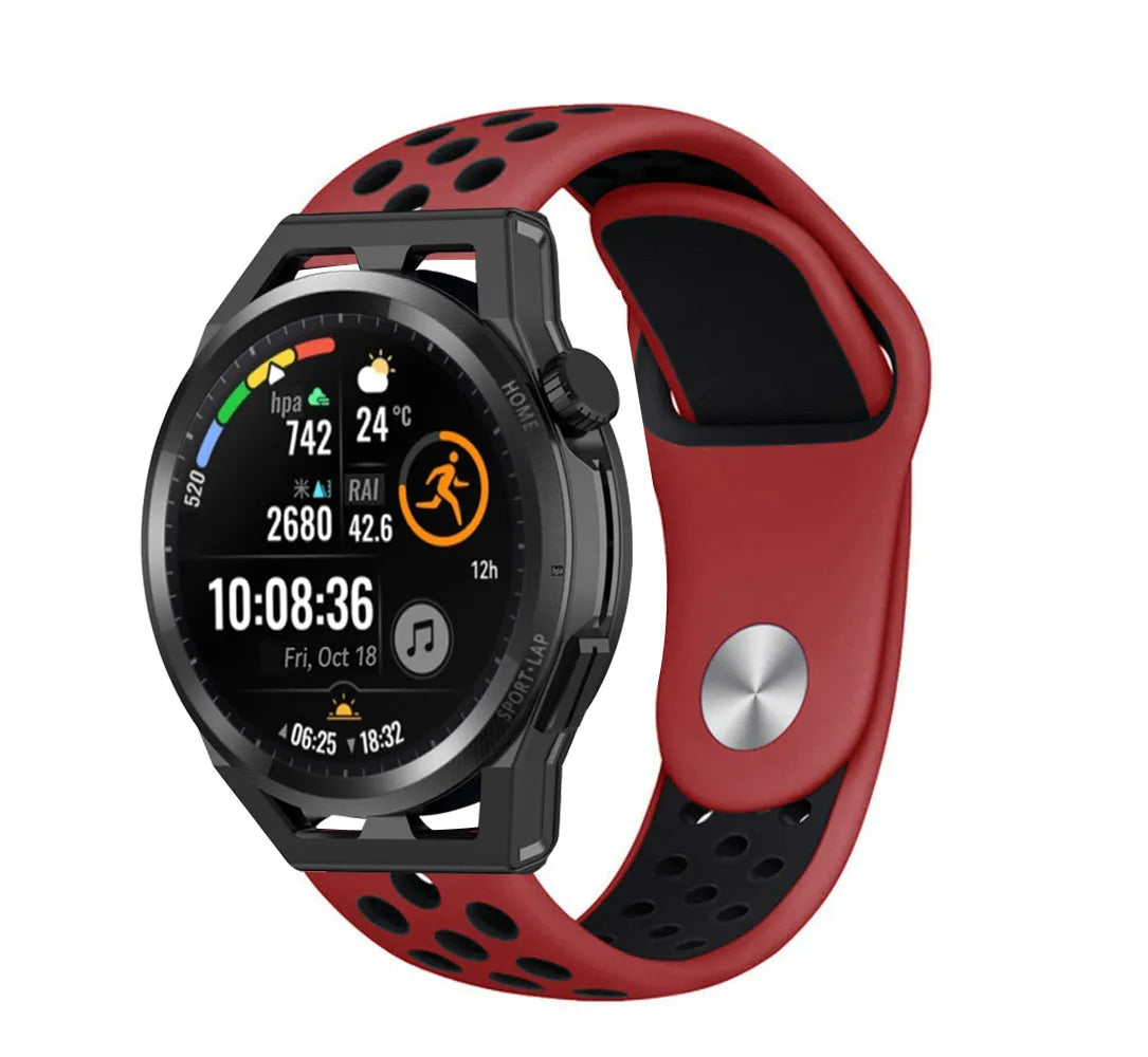 Silicone Sport Strap, red/black, on a watch, 3/4 front view