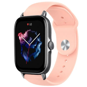 Silicone Sport Strap, pink, on a watch, 3/4 front view