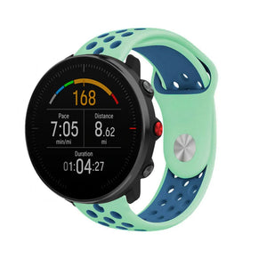 Silicone Sport Strap, aqua/blue, on a watch, 3/4 front view