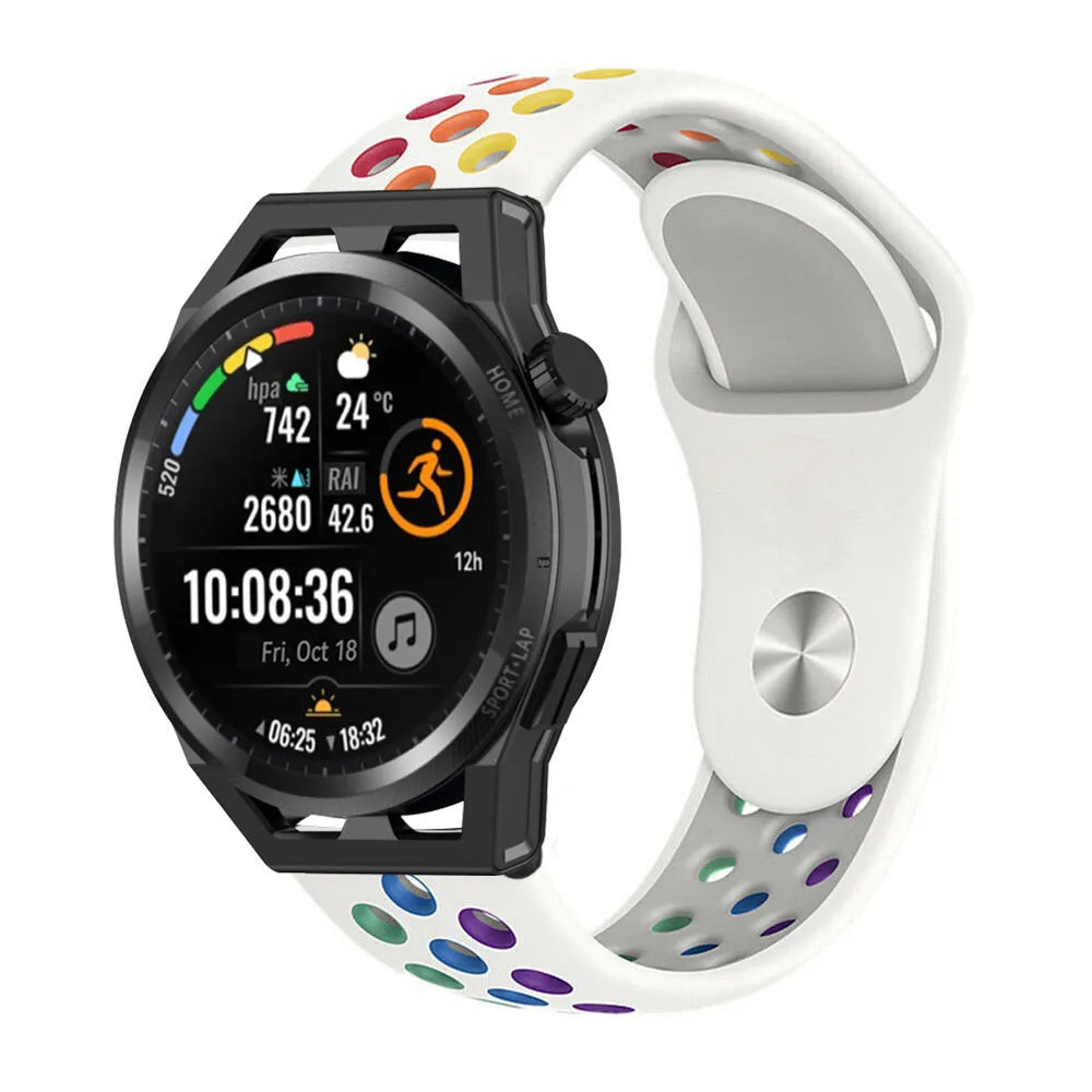 Silicone Sport Strap, white/colourful, on a watch, 3/4 front view