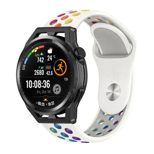 Silicone Sport Strap, white/colourful, on a watch, 3/4 front view