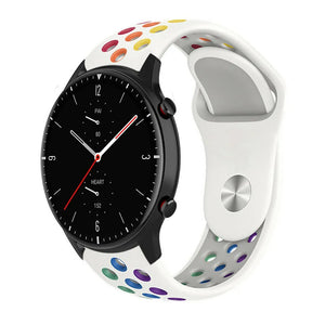 Silicone Sport Strap, white/colourful, on a watch, 3/4 front view
