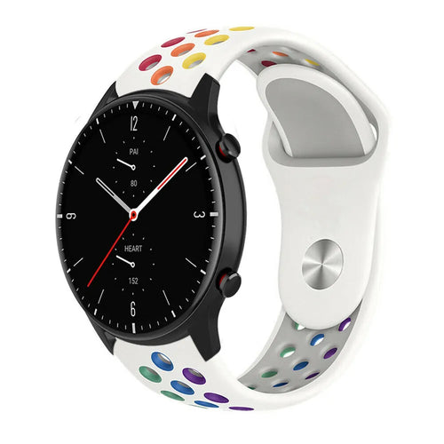 Silicone Sport Strap, white/colourful, on a watch, 3/4 front view