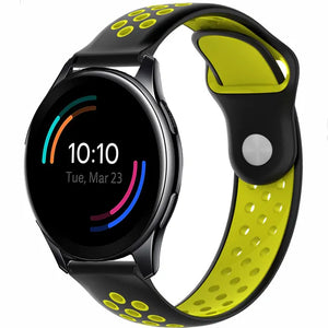 Silicone Sport Strap, black/yellow, on a watch, 3/4 front view