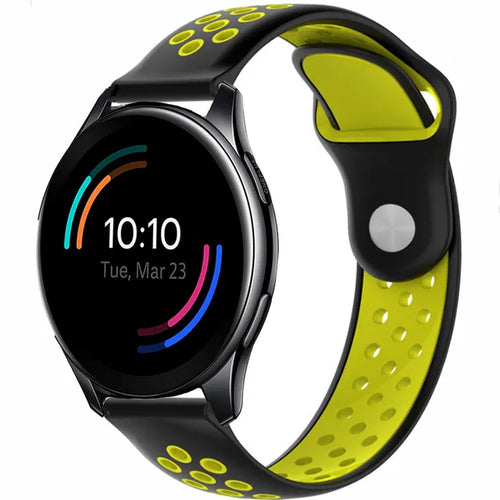 Silicone Sport Strap, black/yellow, on a watch, 3/4 front view